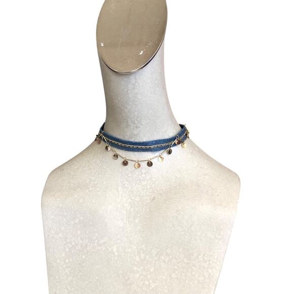 ettika NWOT Denim And Gold Plated Brass Disc Chain Lobster Clasp Choker Necklace - Picture 5 of 7